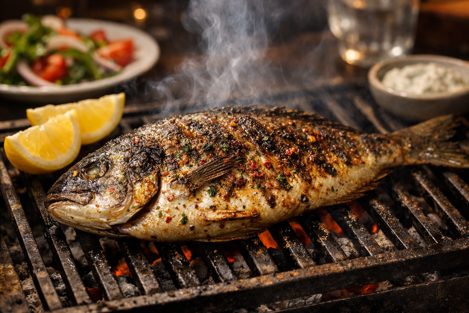 Baharatlı marinasyonla ızgara edilmiş çipura, yanında yeşillik