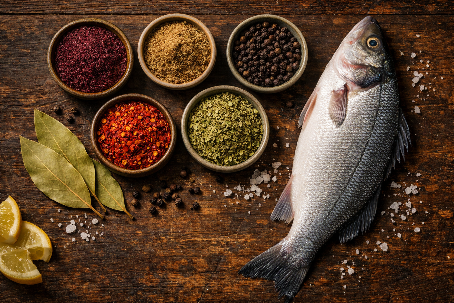 Balık için uygun miktarda baharat ve taze otlar