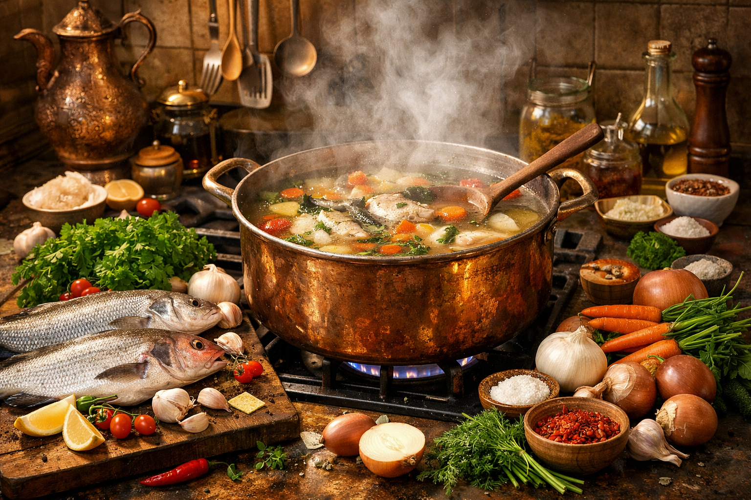 Geleneksel ev yapımı balık çorbası kasede servis edilirken