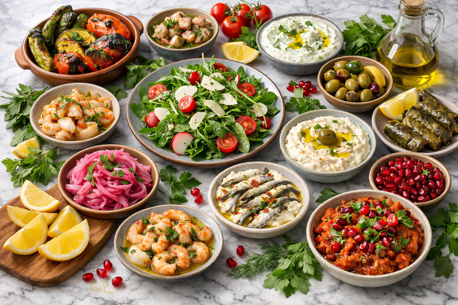 Pirinç pilavı ve fırında sebzeler balık garnitürü olarak hazırlanmış