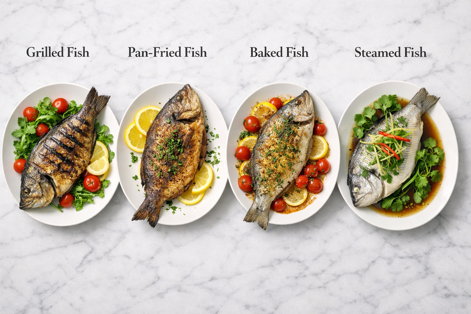 Fırında, ızgarada, tavada ve buğulamada pişirilmiş balık örnekleri