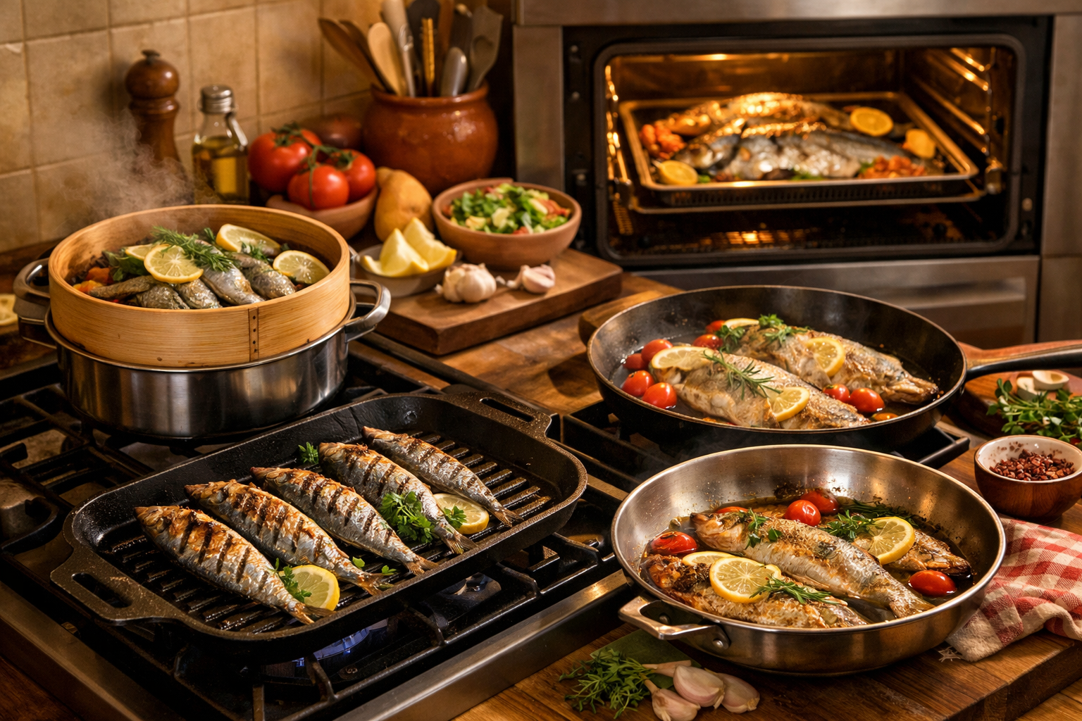 Farklı pişirme yöntemleriyle hazırlanmış balık tabakları