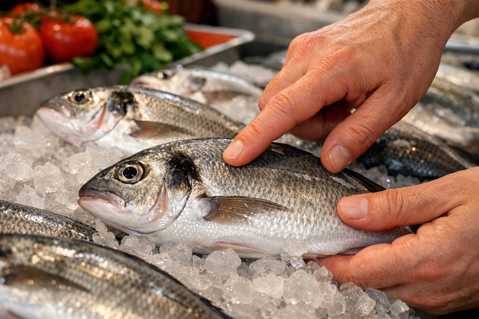 Balık tezgahında taze balıklar