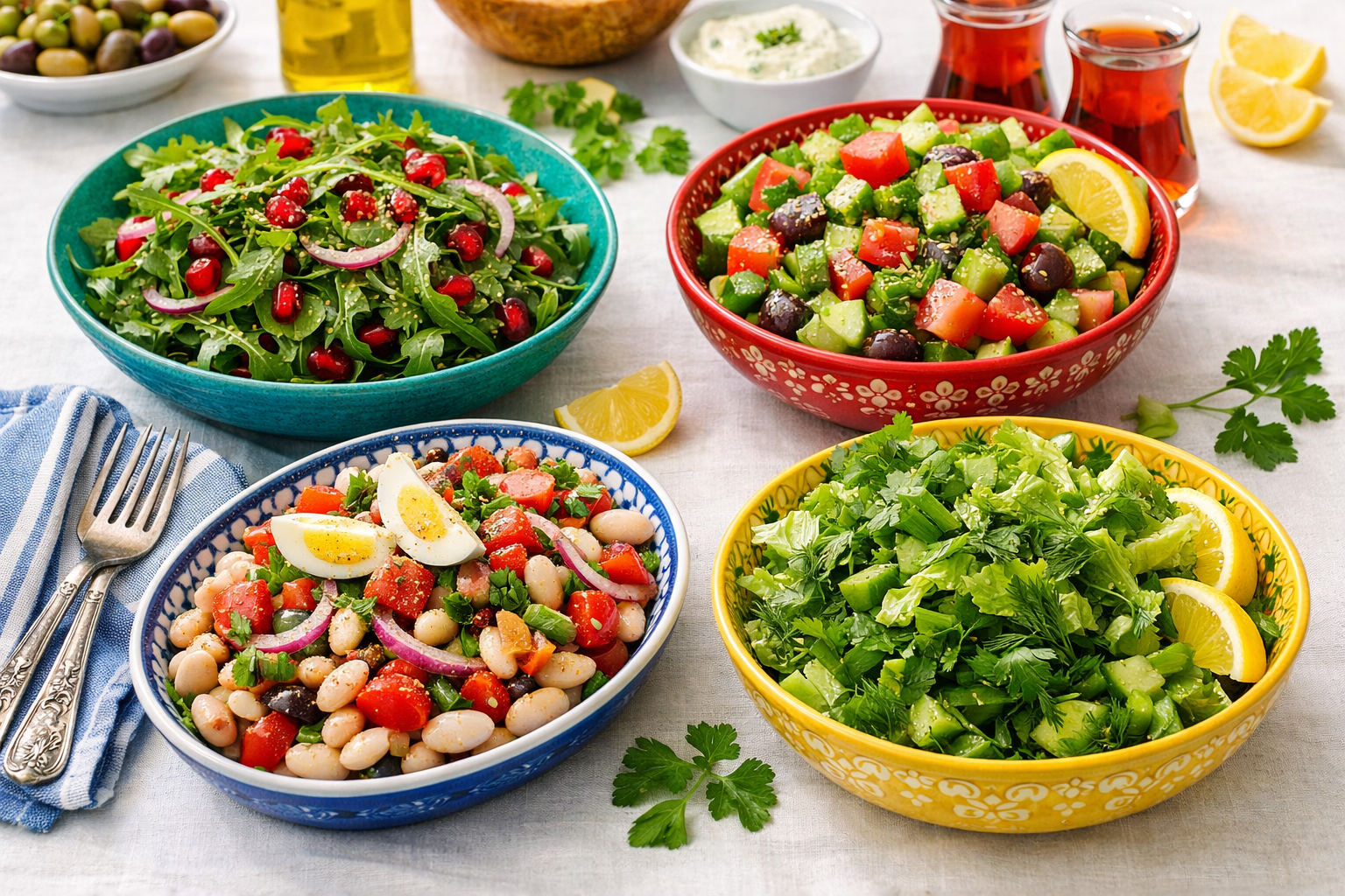 Balık sofrası için hazırlanmış taze roka ve mevsim salatası