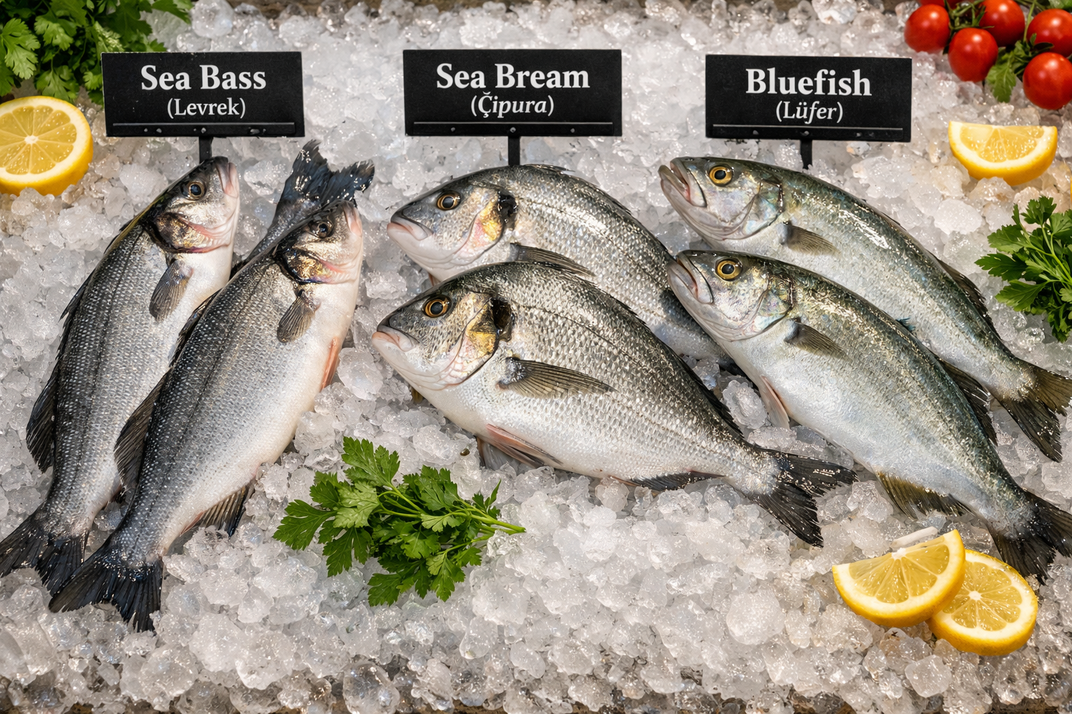 Buğulama için uygun taze çipura ve levrek balıkları