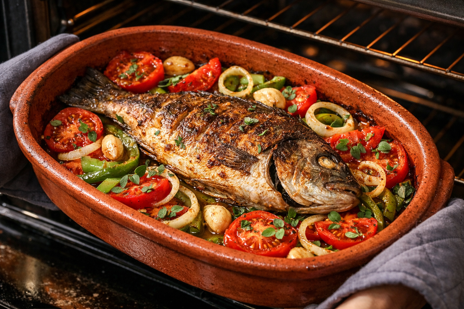 Ege usulü sebzeli fırında bütün balık, domates ve biberlerle