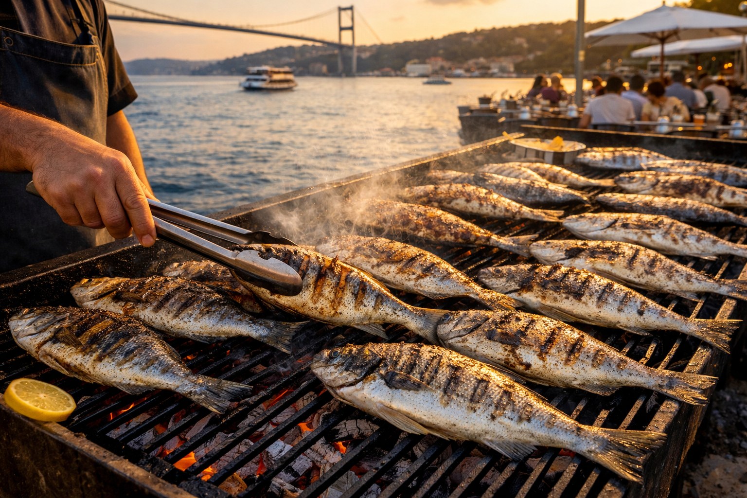 Mangal üzerinde ızgara edilen bütün balıklar, kömür ateşi ve limon dilimleri