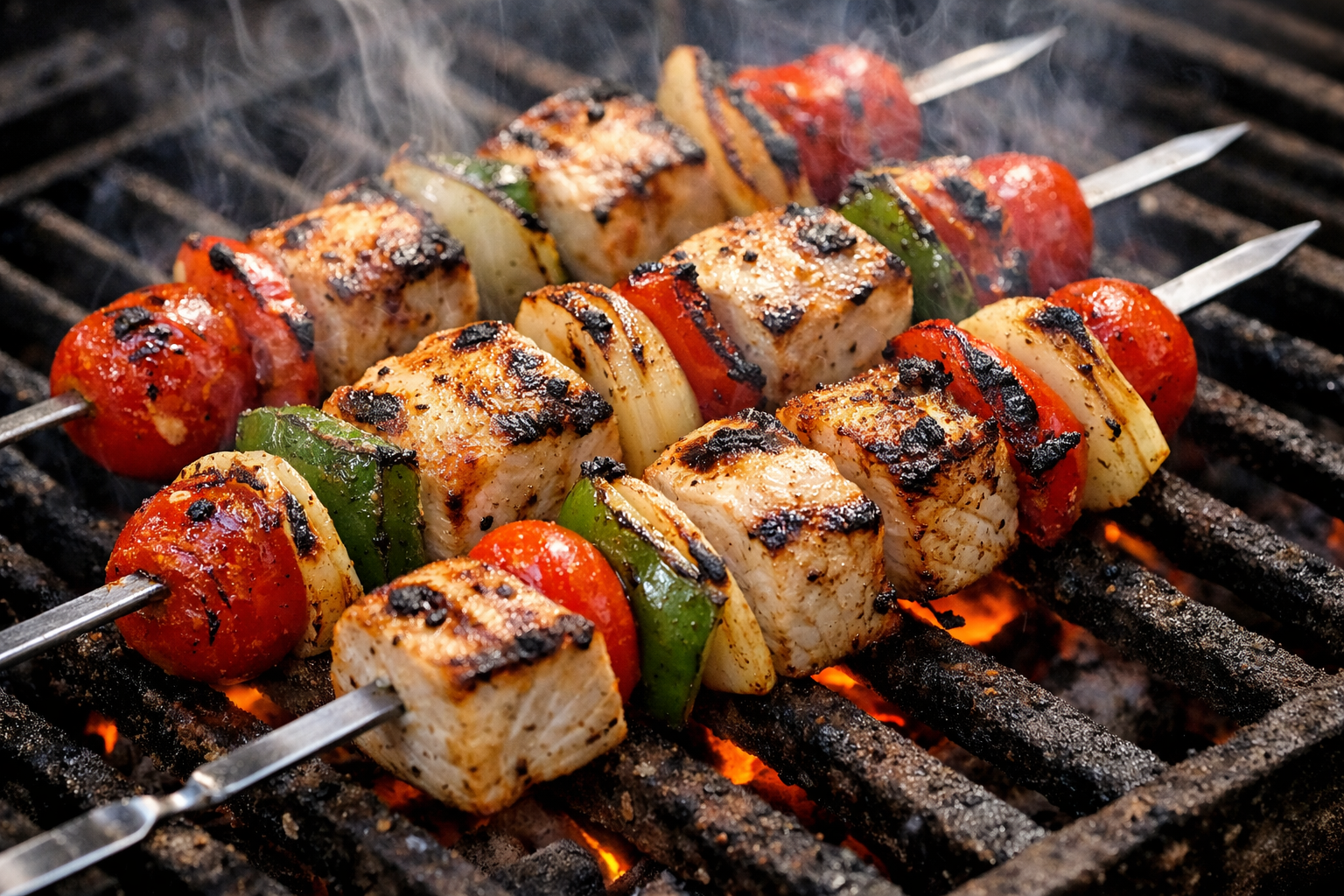 Şişte sebzelerle dönüşümlü dizilmiş ızgara balık küpleri