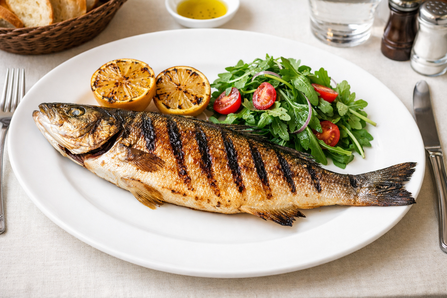 Izgarada pişmiş bütün levrek, taze otlar ve limonla servis