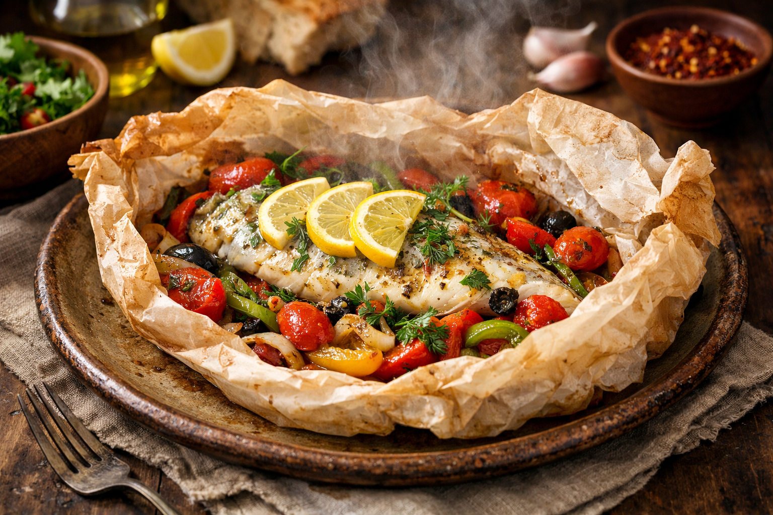 Pişirme kağıdı içinde taze otlarla pişmiş balık, kağıt kebabı