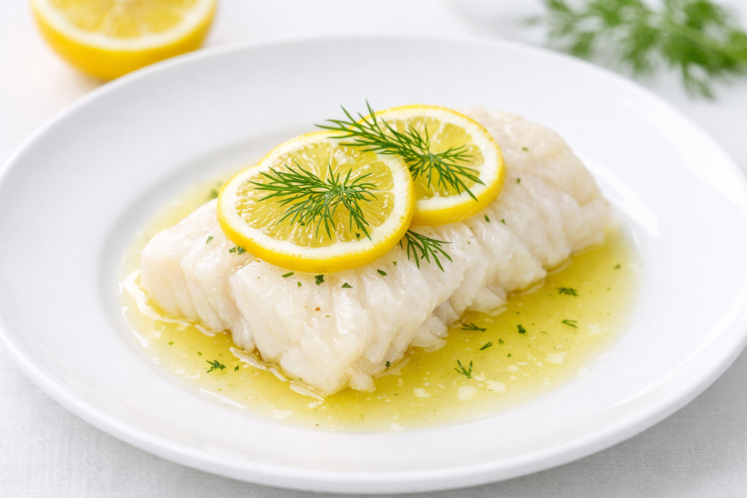 Limon dilimleri ve dereotu ile buharda pişmiş balık filetosu