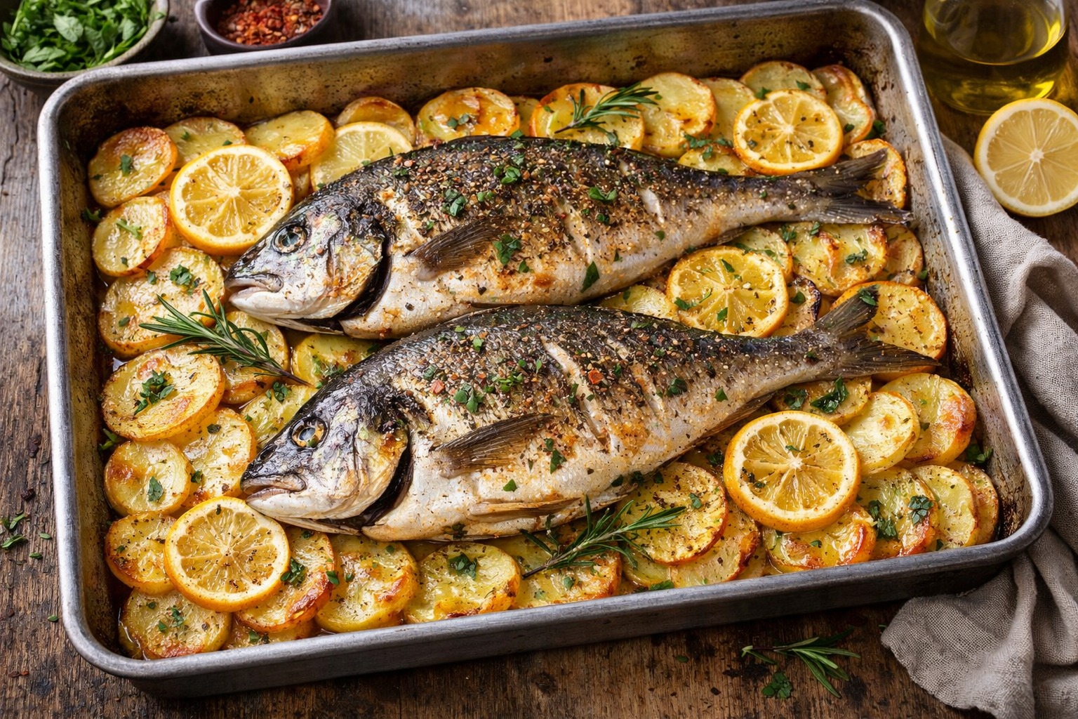 Patates yatağı üzerinde limonlu fırın balığı filetosu