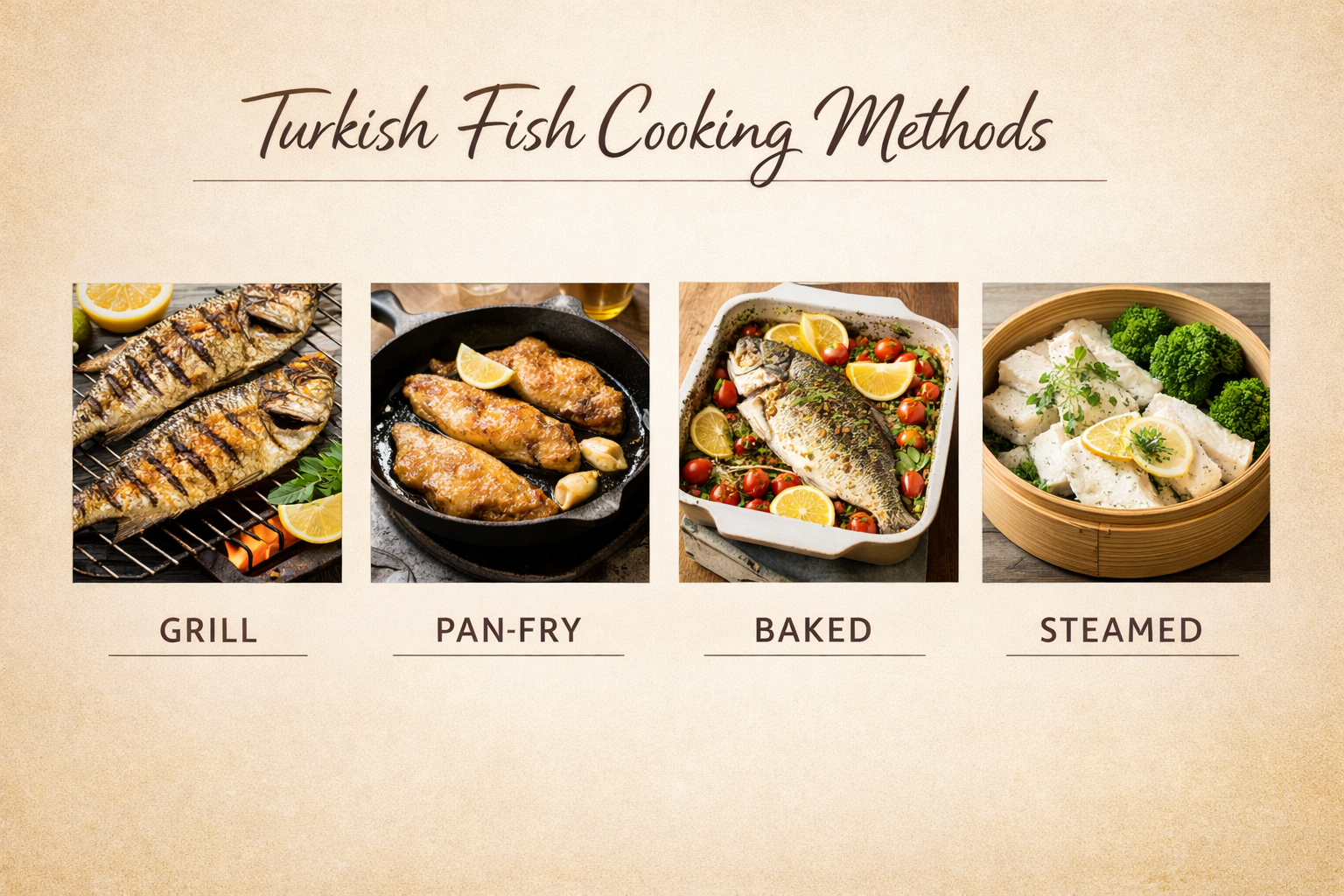 Farklı pişirme teknikleriyle hazırlanmış balık tabakları