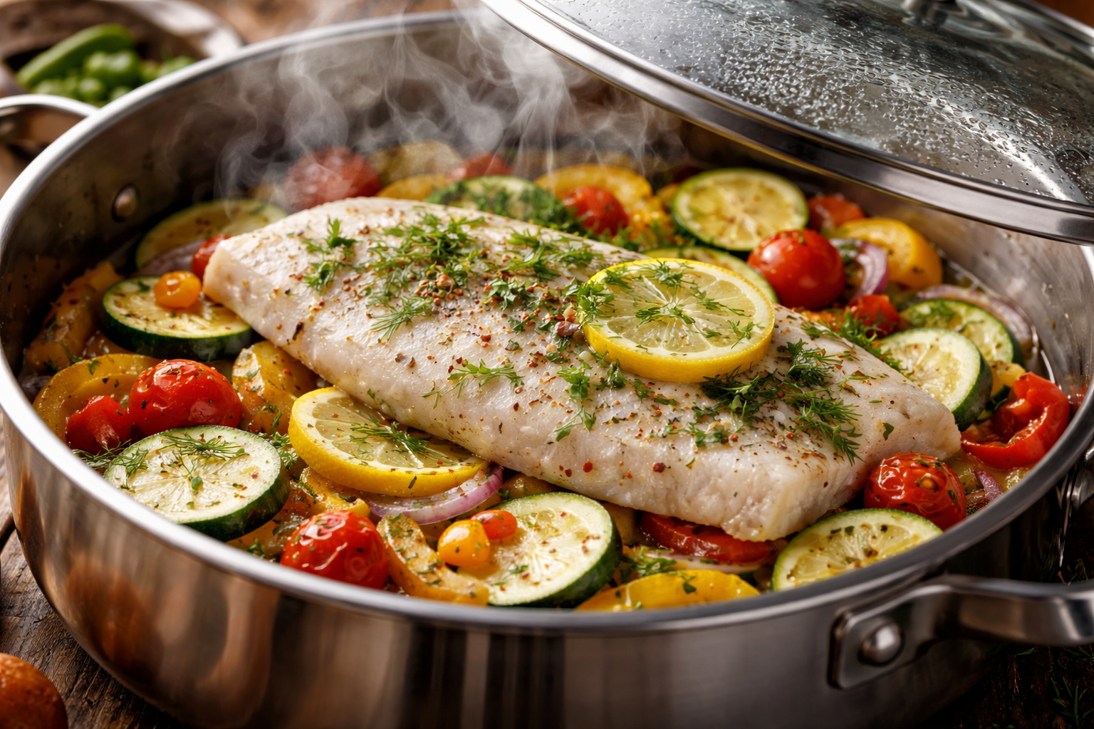 Mevsim sebzeleri üzerinde buğulama ile pişen bütün balık