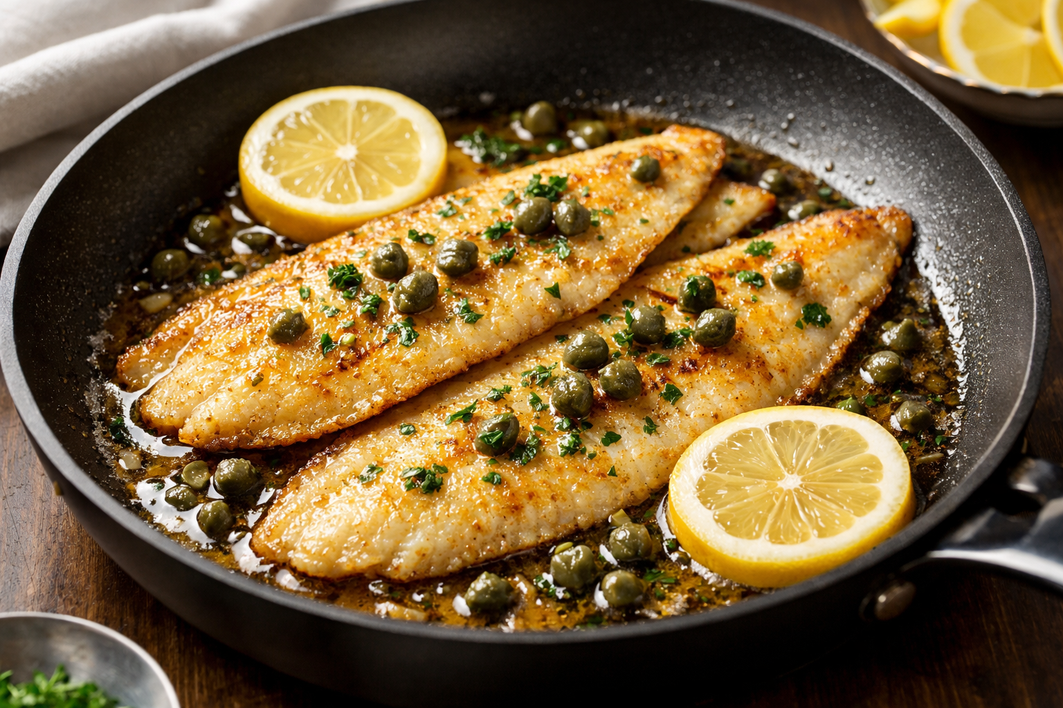 Tereyağı ve kapari soslu tavada pişmiş dil balığı filetosu