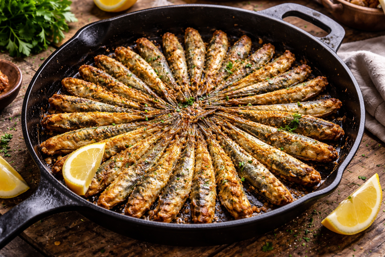 Unlanmış tavada kızartılmış hamsiler, roka ve limon ile servis