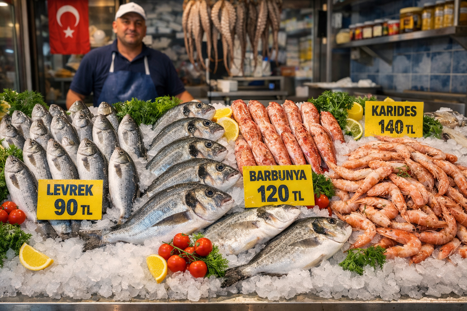 Balıkçı tezgâhında buz üzerinde sergilenen taze balıklar